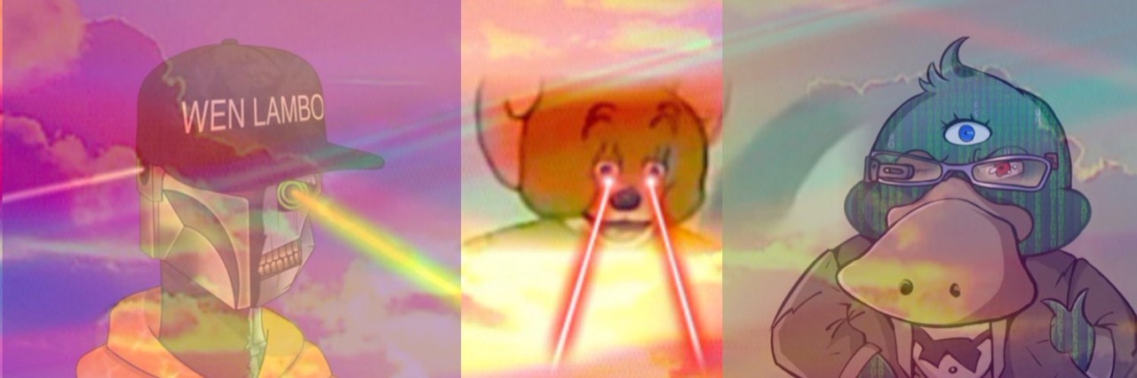 CryptoConspiracyBro banner artwork showing three illustrated characters and colored beams against a pastel sky.
