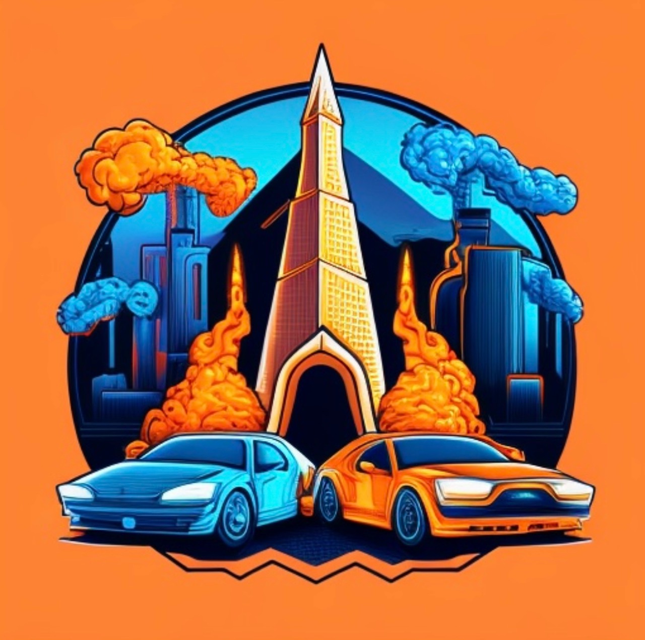 Orange and cyan illustration of two cars in front of a stylized navy skyline.
